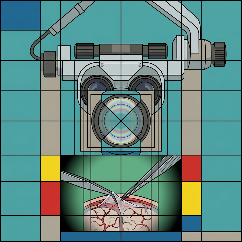 Clinical macro detail of neurosurgical operating microscope with Zeiss optical lens assembly draped in sterile plastic