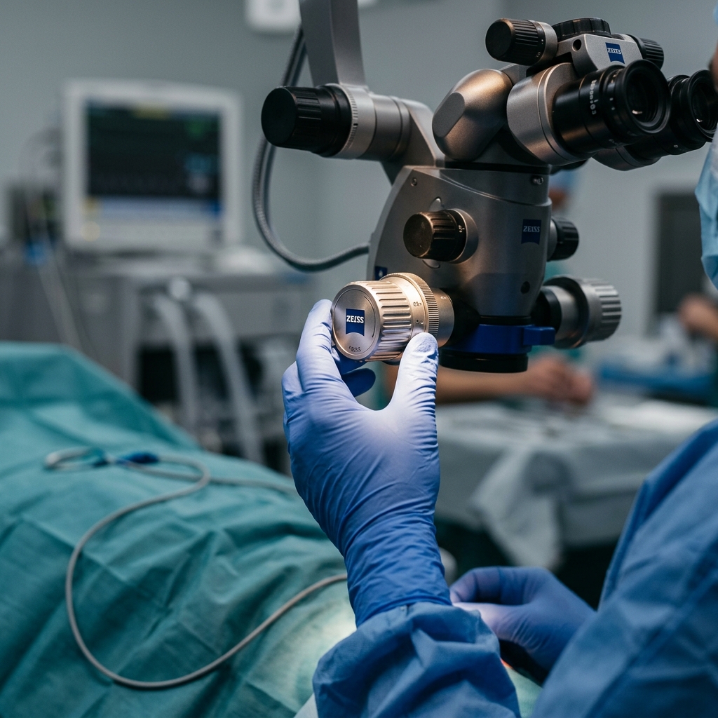 Clinical macro detail of gloved surgeon hands adjusting sterile Zeiss microscope dials