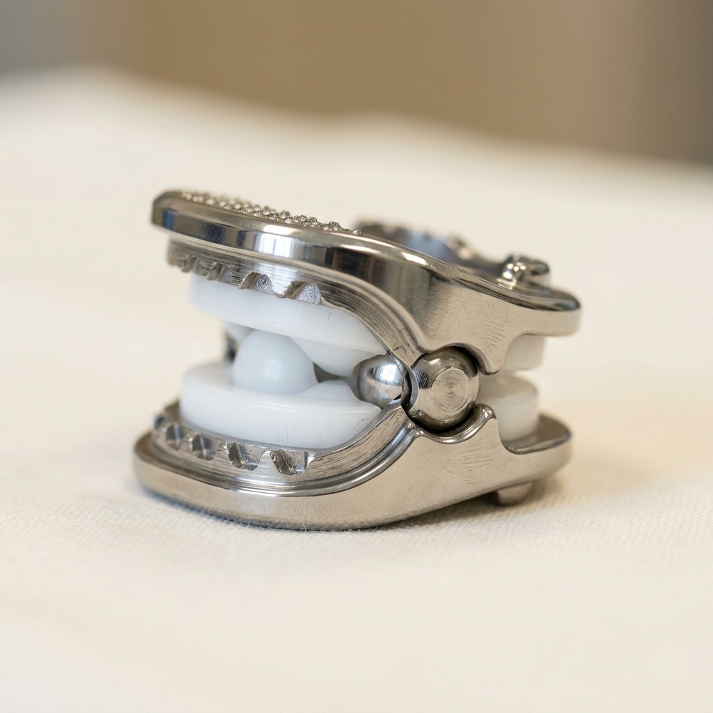 Polished titanium artificial cervical disc replacement implant detail
