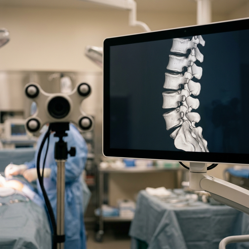 Advanced surgical cart display showing axial and sagittal spinal reconstruction