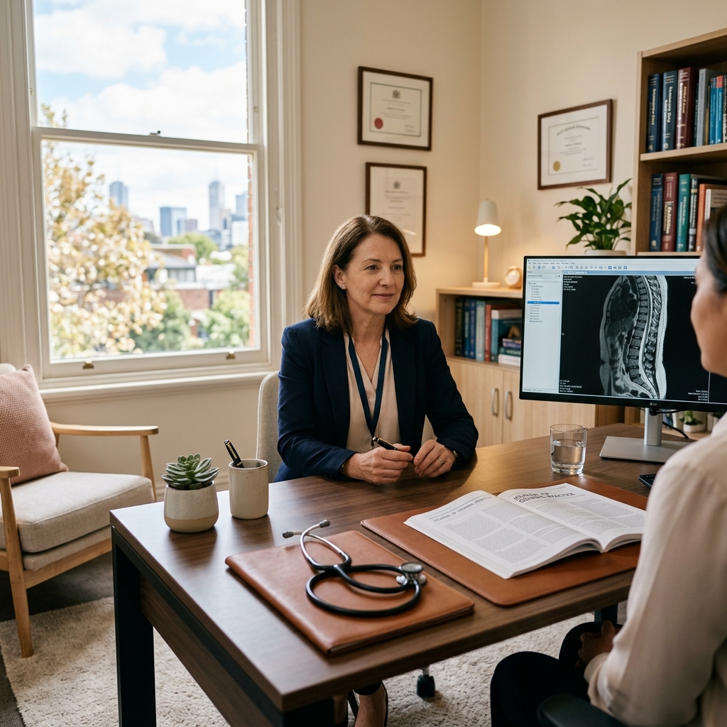 Professional neurosurgeon consulting with a general practitioner in a bright medical suite