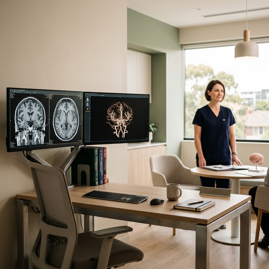 Modern neurosurgical consultation room with advanced brain imaging displays