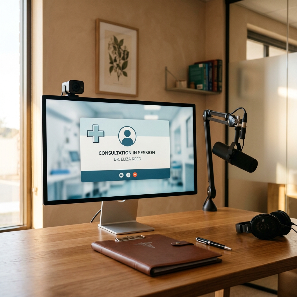 High-resolution telehealth consulting webcam and screen setup
