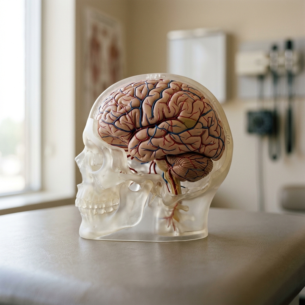 High-fidelity model of the human brain inside a translucent skull casing