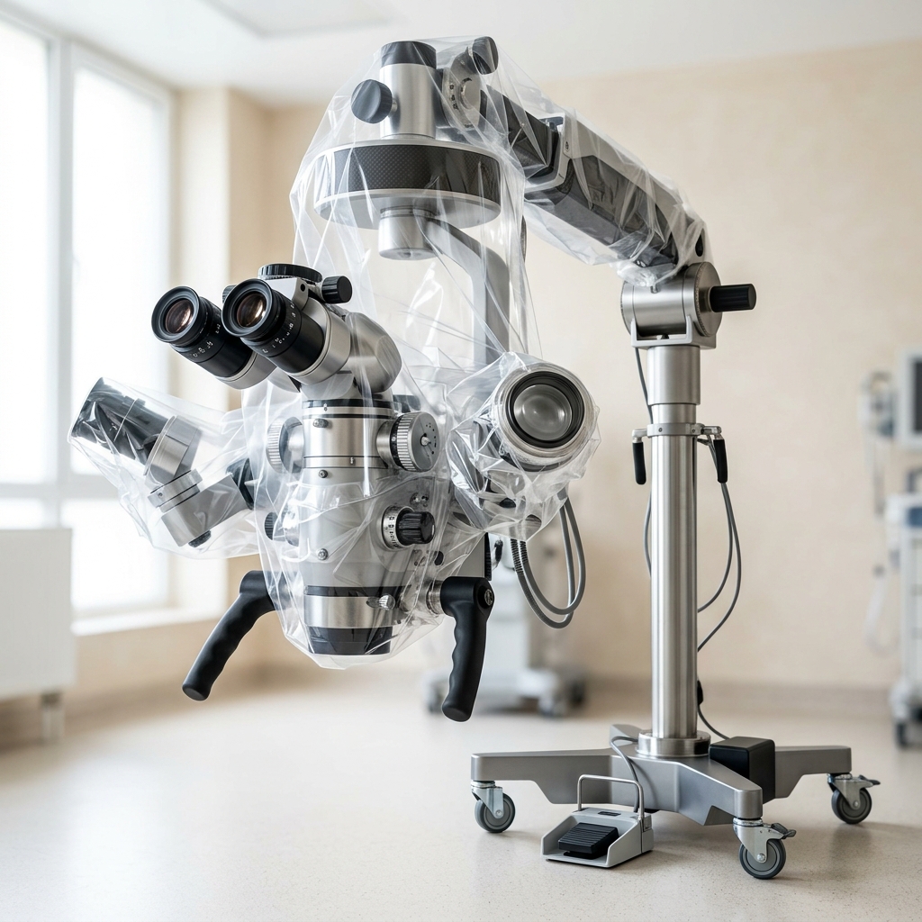 Advanced Leica/Zeiss operating surgical microscope draped in sterile clear plastic