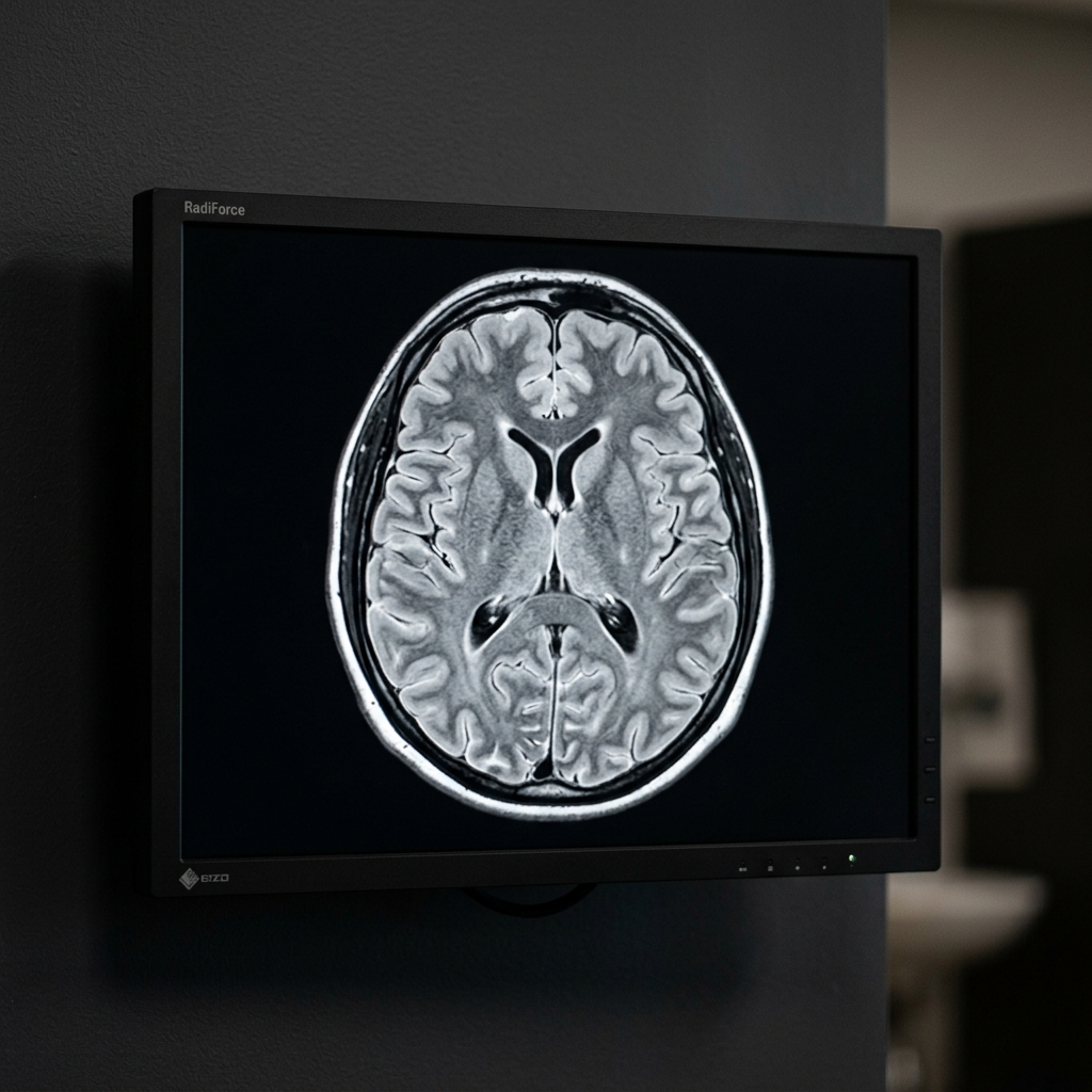 Clean axial brain MRI scan displayed on a diagnostic clinical screen