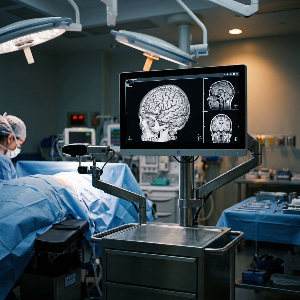 Intraoperative neuronavigation cart displaying a 3D axial brain MRI